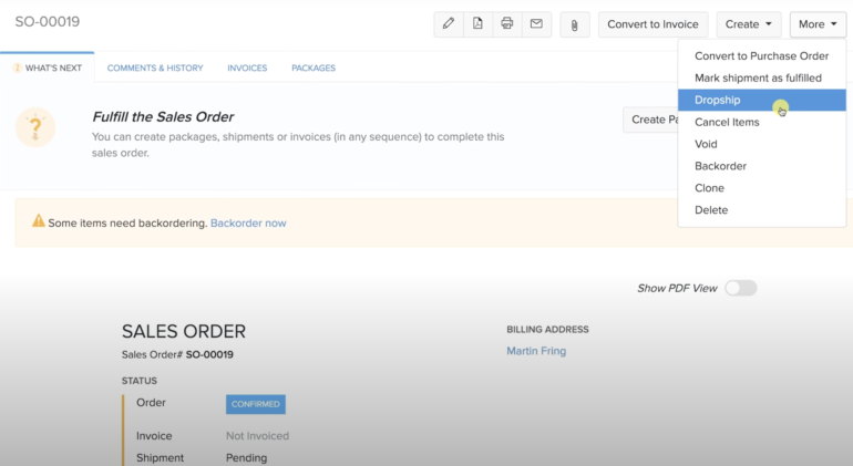 Example of how to create a dropship order from a sales order in Zoho Inventory by selecting "Dropship" from a dropdown menu in the Sales Order screen.